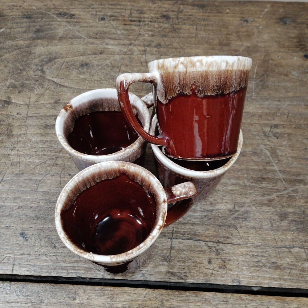 FOUR Vintage McCoy Pottery Mug Cup Brown Drip Glaze Coffee Tea USA Signed